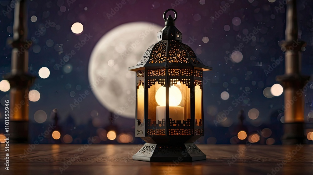 Lantern that have moon symbol on top with blurred focus of paper cut for mosque shape background. Ramadan Kareem and Islamic new year concept. Lantern that have moon symbol on top with blurred focus of paper cut for mosque shape background. Ramadan Kareem and Islamic new year concept.