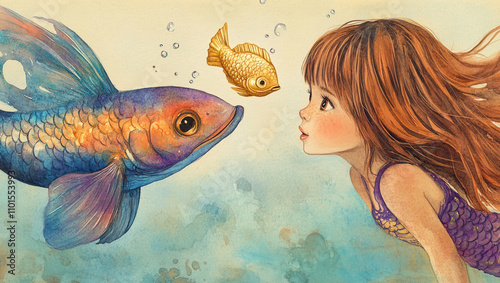 watercolor, children's book illustration, a 8 year old girl, down hair, brown eyes, freckles, with a bright blue and purple mermaid tail, swimming in the ocean, with a gold glowing fish 
