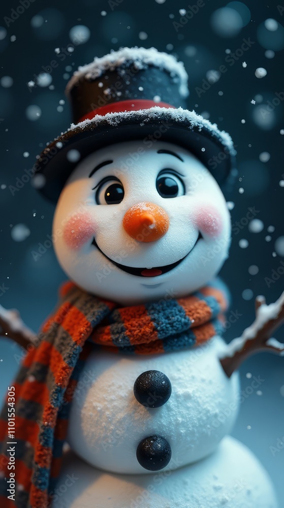 Cheerful snowman with scarf and top hat in a winter wonderland. Cheerful snowman with scarf and top hat in a winter wonderland.