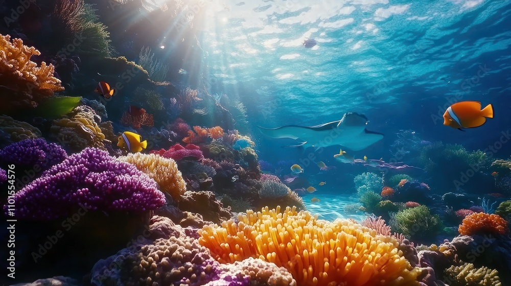 Fototapeta premium Vibrant Coral Reef Scene With Stingray And Fish