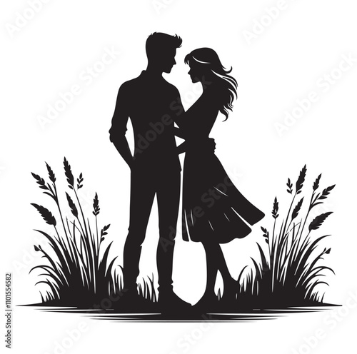 Couple standing silhouette vector illustration