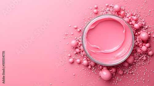 A vibrant pink cream spreads in a circular container, surrounded by decorative pink beads on a soft pink backdrop