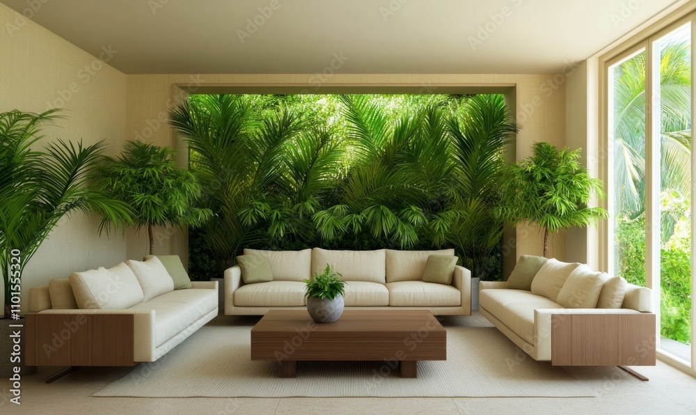 Fototapeta premium Indoor plants in living room with decorations; stylish green interior: urban jungle concept green, beige 