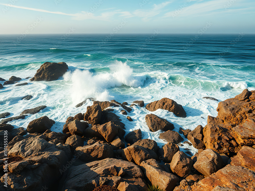 Rocky coastline with crashing waves and sea spray in the background, water, rocky shore Rocky coastline with crashing waves and sea spray in the background, water, rocky shore
