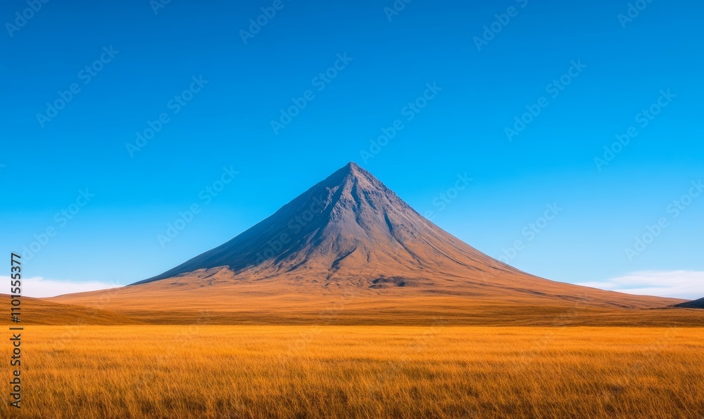 Majestic mountain stands alone under a vast clear blue sky in remote wilderness, featuring blues and earthy tones Majestic mountain stands alone under a vast clear blue sky in remote wilderness, featuring blues and earthy tones