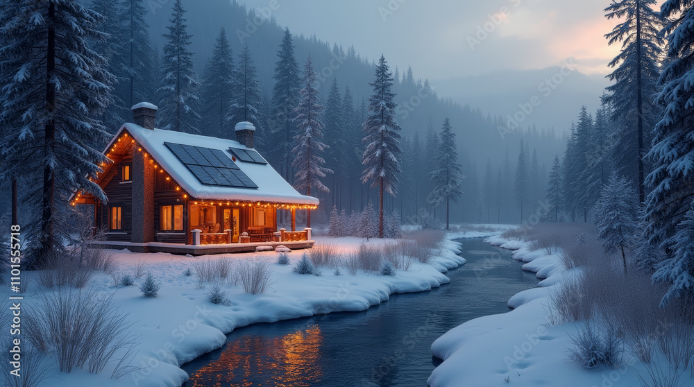 Serene Cabin Near a Frozen Stream with Softly Glowing Christmas Lights and Solar Panels Serene Cabin Near a Frozen Stream with Softly Glowing Christmas Lights and Solar Panels