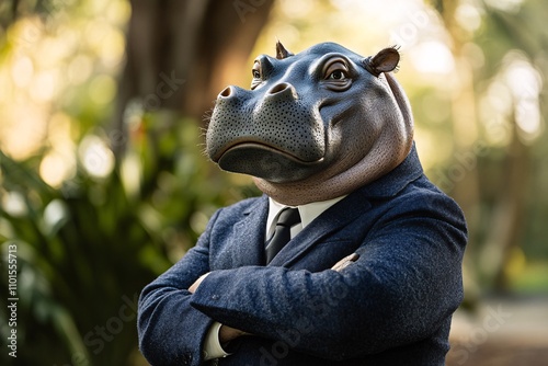 A suited man with a hippo head confidently poses in a forest setting during early autumn photo