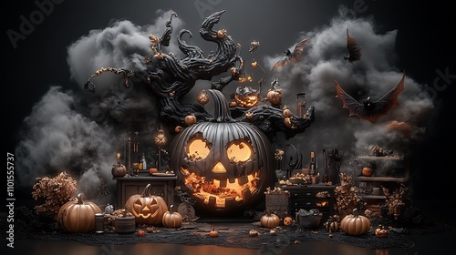 Dark Halloween Jack-o'-Lantern 3D Render: Spooky Scene with Glowing Pumpkins AI Generated photo