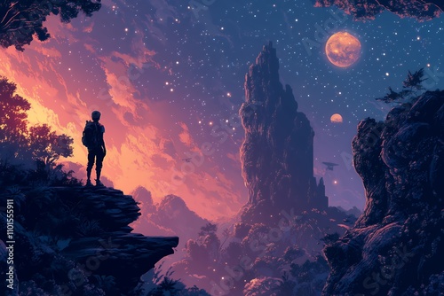 Wallpaper Mural A serene landscape depicting a figure gazing at a vibrant cosmic scene with planets. Torontodigital.ca