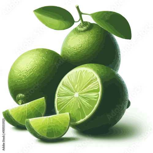 Realistic Digital Illustration of Green Limes – Whole Lime and Slices with Shiny Texture on White Background