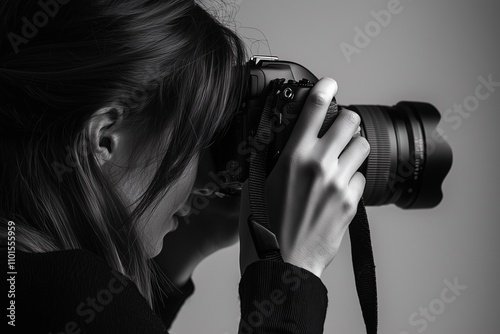 Female Photographer Using a Camera Capturing a Shot in Black and White