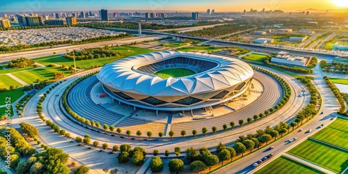 Aerial View of the Stunning Al Janoub Football Stadium Surrounded by Lush Greenery and Vibrant Landscape in Qatar, Showcasing Its Unique Design and Architectural Marvels photo