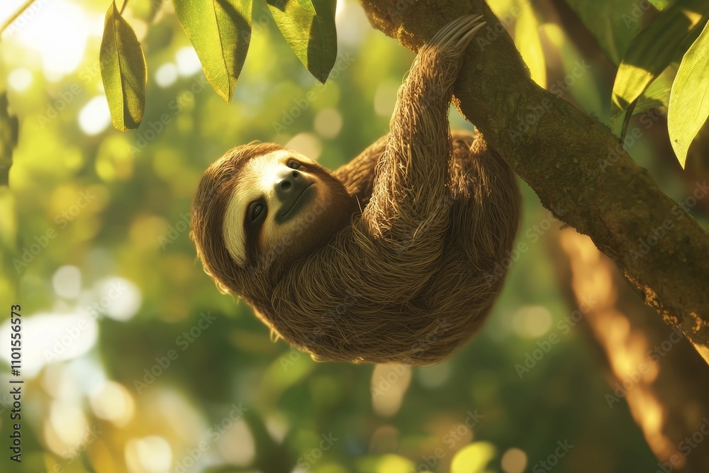 Brown sloth hangs, sunlit leaves, jungle tree. Brown sloth hangs, sunlit leaves, jungle tree.