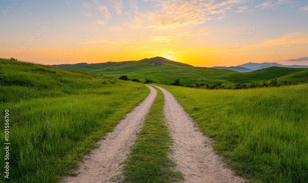 Serene dirt road winds through tranquil hills under vibrant sunset, creating a picturesque landscape scene Reds, oranges, greens, and browns Serene dirt road winds through tranquil hills under vibrant sunset, creating a picturesque landscape scene Reds, oranges, greens, and browns