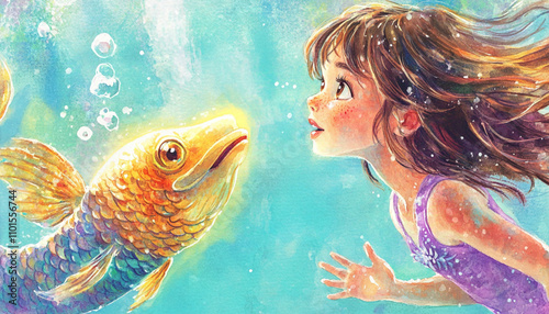 watercolor, children's book illustration, a 8 year old girl, down hair, brown eyes, freckles, with a bright blue and purple mermaid tail, swimming in the ocean, with a gold glowing fish 