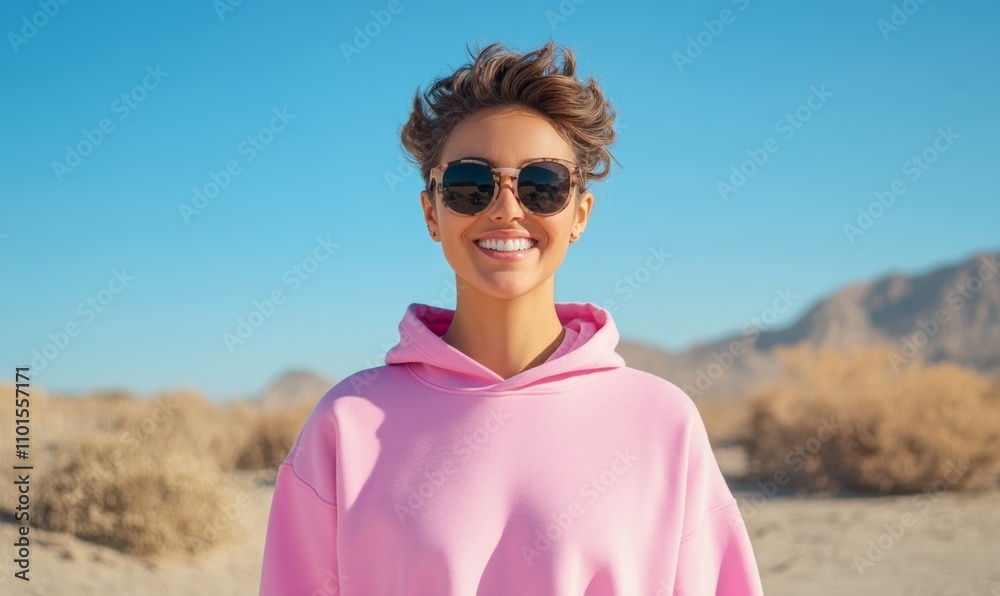 Smiling woman in pink hoodie and sunglasses stands in sunny desert landscape; pink, blue, beige Smiling woman in pink hoodie and sunglasses stands in sunny desert landscape; pink, blue, beige
