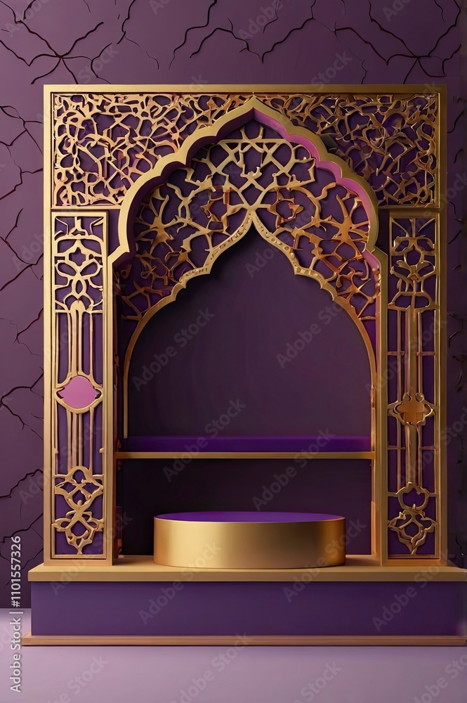 Luxury Islamic Podium with gold border, traditional islamic window frame. 3D Horizontal Arabic Banner for product showcase, Product presentation, cosmetic, base, ramadan sales purple background Luxury Islamic Podium with gold border, traditional islamic window frame. 3D Horizontal Arabic Banner for product showcase, Product presentation, cosmetic, base, ramadan sales purple background