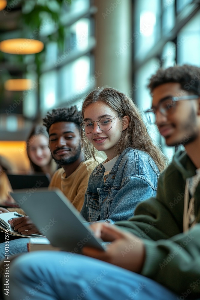 Diverse group of university students sitting together in a modern campus library, studying and collaborating with books and laptops, Diverse group of university students sitting together in a modern campus library, studying and collaborating with books and laptops,