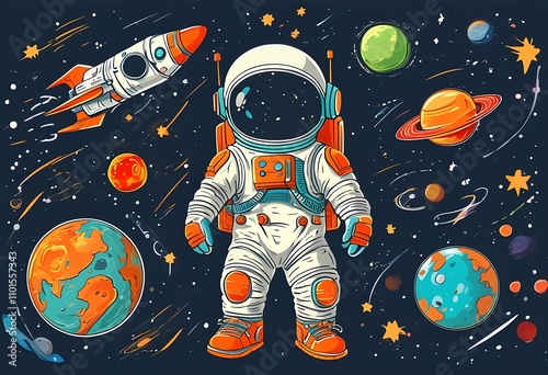 Stylish astronaut exploring the solar system in a cosmic-themed set photo