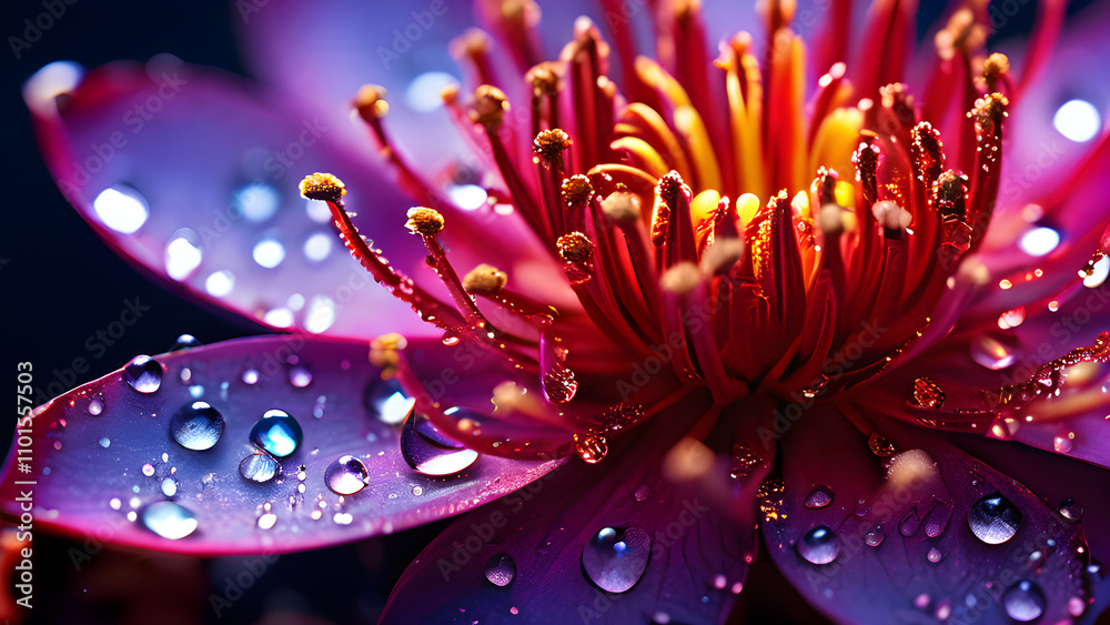 Fototapeta premium Water drops on a purple lotus flower. Close-up.
