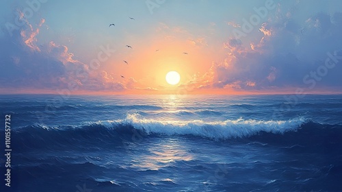 Serene Ocean Sunset With Birds In Flight photo