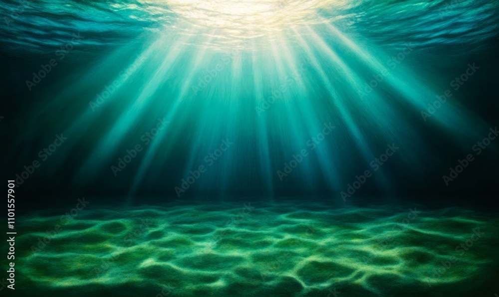 Underwater view with sunlight casting on vibrant ocean floor; blues, greens, and sunlight gold Underwater view with sunlight casting on vibrant ocean floor; blues, greens, and sunlight gold