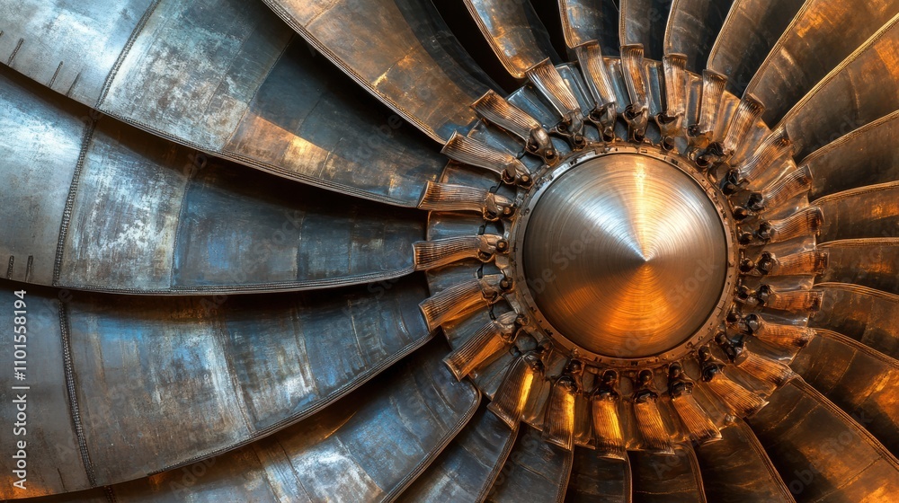 A close-up of a jet engine turbine, with the intricate blades visible and sunlight reflecting off the metal surface A close-up of a jet engine turbine, with the intricate blades visible and sunlight reflecting off the metal surface