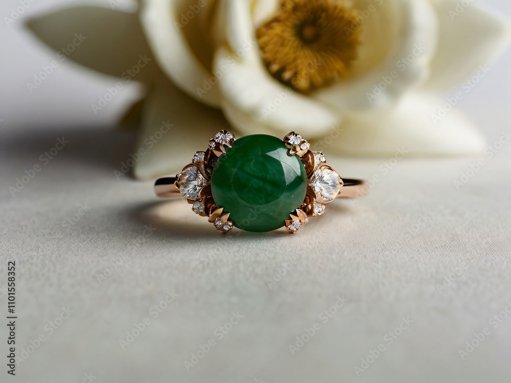 An elegant Jade engagement ring with a prominent solitaire, set on a slender gold band. An elegant Jade engagement ring with a prominent solitaire, set on a slender gold band.