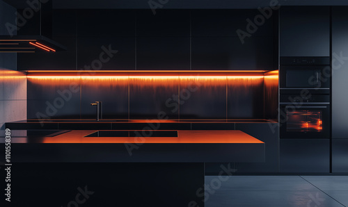 Ultra-modern kitchen with glossy black cabinets, close-up. Island with built-in LED lights and metal splashback. Artificial lighting, reflection and shine, no shadows.
