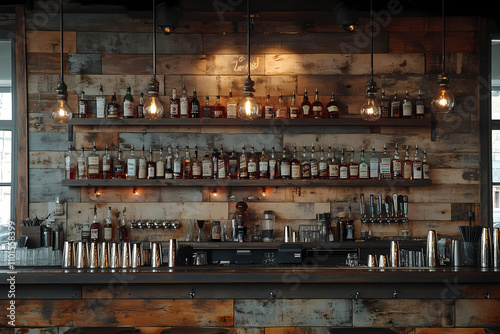 A bar, specifically the area in which bartenders mix drinks with bottles behind them