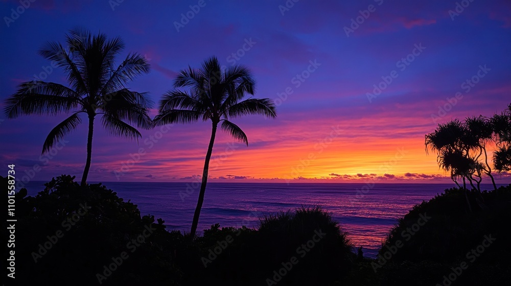Obraz premium Vibrant Sunset Over Ocean Silhouetted By Palm Trees
