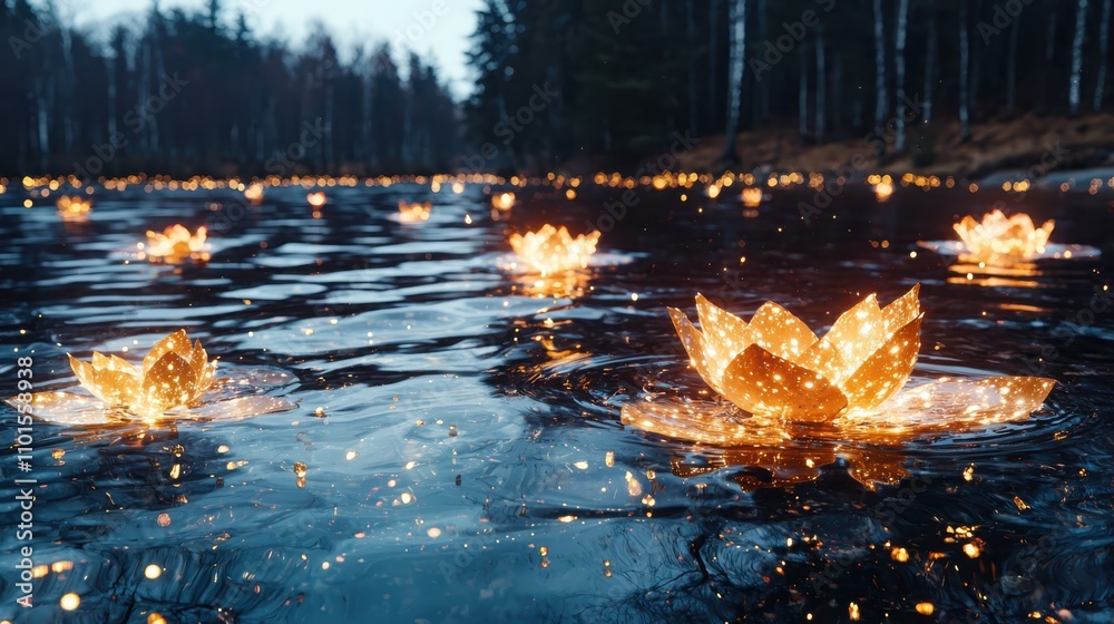 Floating bioluminescent lotus flowers on a midnight lake ethereal blue water reflections enchanted forest background with fairies Floating bioluminescent lotus flowers on a midnight lake ethereal blue water reflections enchanted forest background with fairies