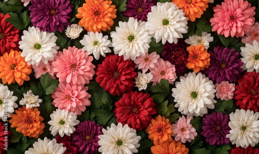 Vibrant wall background featuring handcrafted red, orange, pink, purple, green, and white chrysanthemums Vibrant wall background featuring handcrafted red, orange, pink, purple, green, and white chrysanthemums