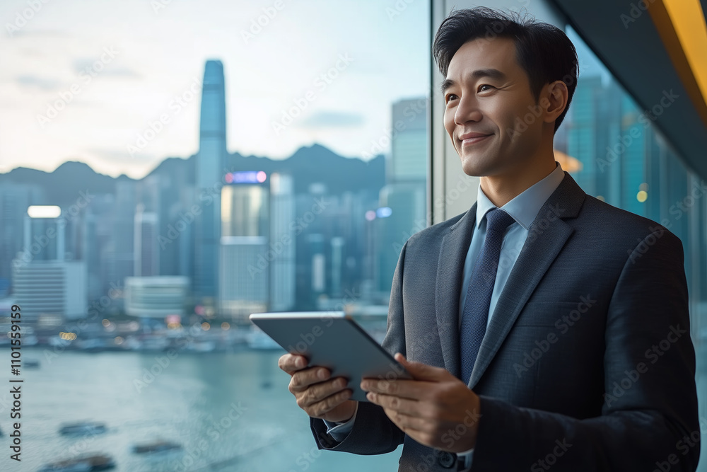Professional Man with Tablet Against City Skyline Professional Man with Tablet Against City Skyline