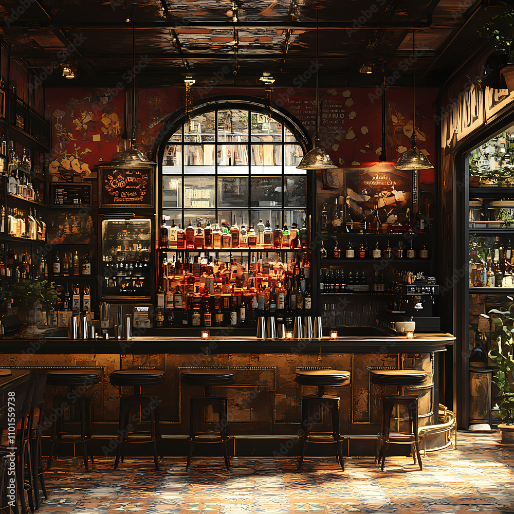 A bar, specifically the area in which bartenders mix drinks with bottles behind them A bar, specifically the area in which bartenders mix drinks with bottles behind them