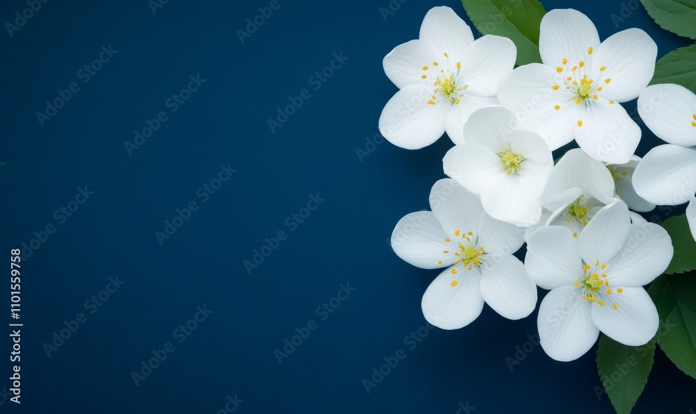 White flowers on a deep blue background present a serene and artistic floral design Colors: white, blue White flowers on a deep blue background present a serene and artistic floral design Colors: white, blue