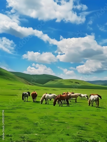 Horses Grazing in Vast Green Grasslands Under Blue Sky Generative AI