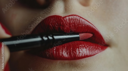 A close-up of a womana s lips being carefully lined with lip pencil, preparing for a bold red lipstick application photo