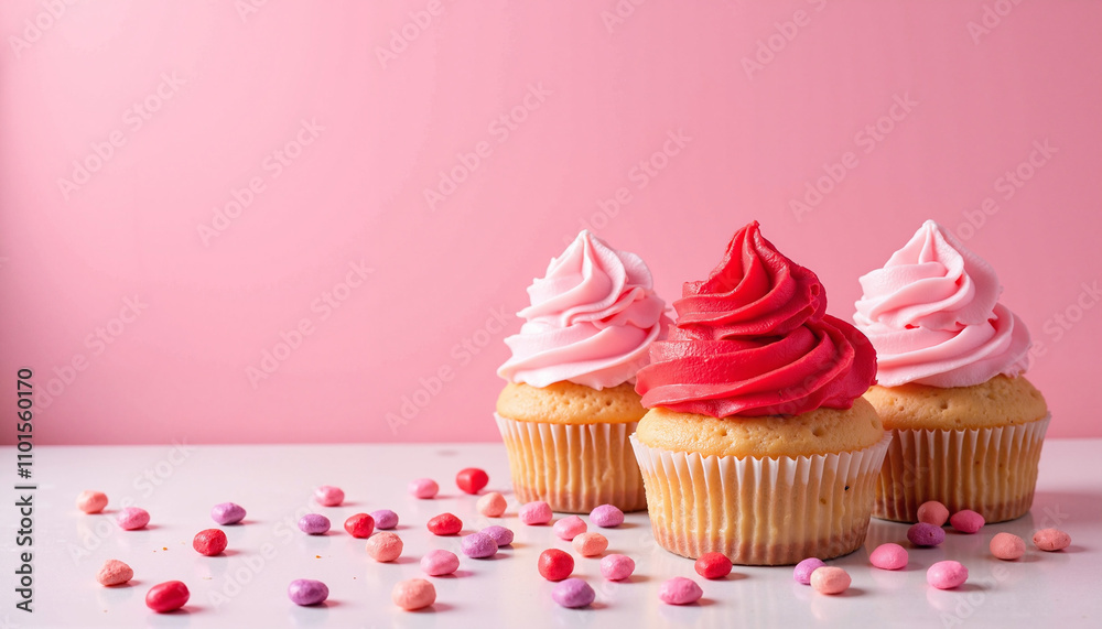 Delicious cupcakes with pink frosting and colorful sprinkles on a pastel background, copy space Delicious cupcakes with pink frosting and colorful sprinkles on a pastel background, copy space
