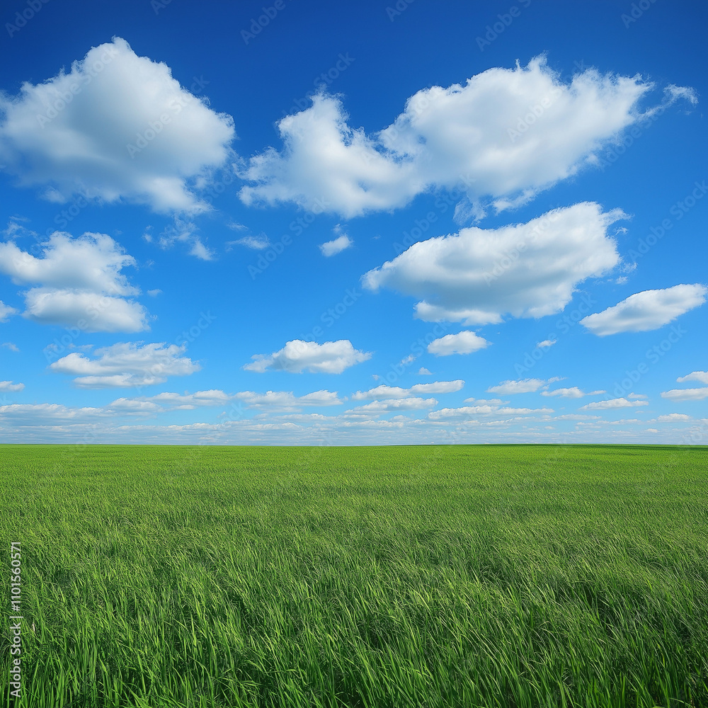 A scenic landscape of bright green grass and a vivid blue sky with light white clouds softly drifting A scenic landscape of bright green grass and a vivid blue sky with light white clouds softly drifting