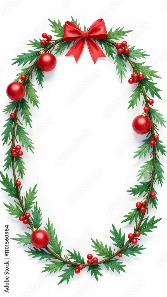 Christmas Festive oval wreath of evergreen branches adorned with red ornaments, berries, and warm string lights on white background. Holiday Xmas seasonal decor vertical banner with copy space Christmas Festive oval wreath of evergreen branches adorned with red ornaments, berries, and warm string lights on white background. Holiday Xmas seasonal decor vertical banner with copy space