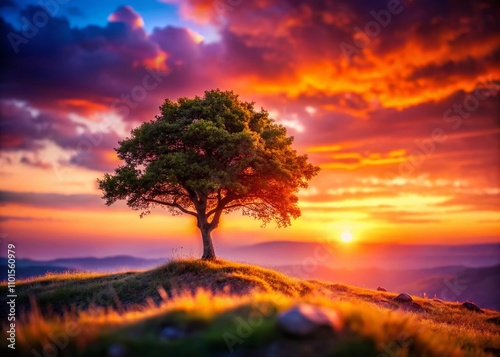 A Majestic Tree on a Hill Under a Vibrant Sunset: Tilt-Shift Photography Capturing Nature's Beauty in a Dreamy Landscape