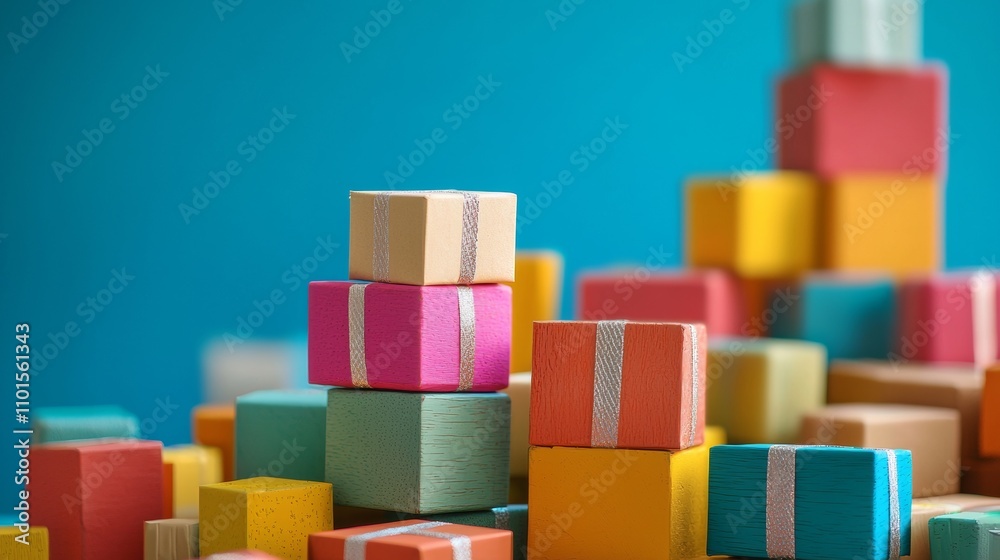 Stacked colorful gift boxes with a vibrant blue background Stacked colorful gift boxes with a vibrant blue background