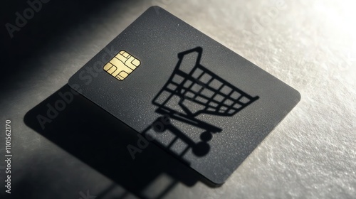 A credit card casting a shadow shaped like a shopping cart, creatively implying its use in shopping and e-commerce. photo