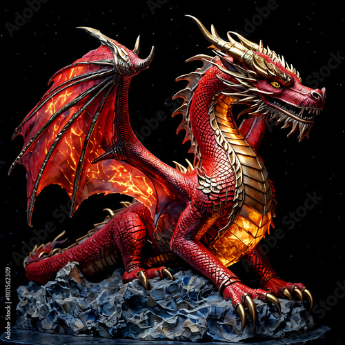 Sculpture of a red dragon with golden scales on a dark, starry background