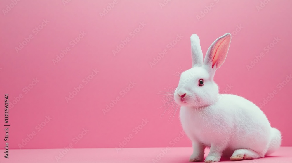 Cute white easter bunny sits against vibrant pink backdrop. Animal looks curious. Perfect for spring themed designs. Great for easter greeting cards print products. Adorable baby hare. Stylish,