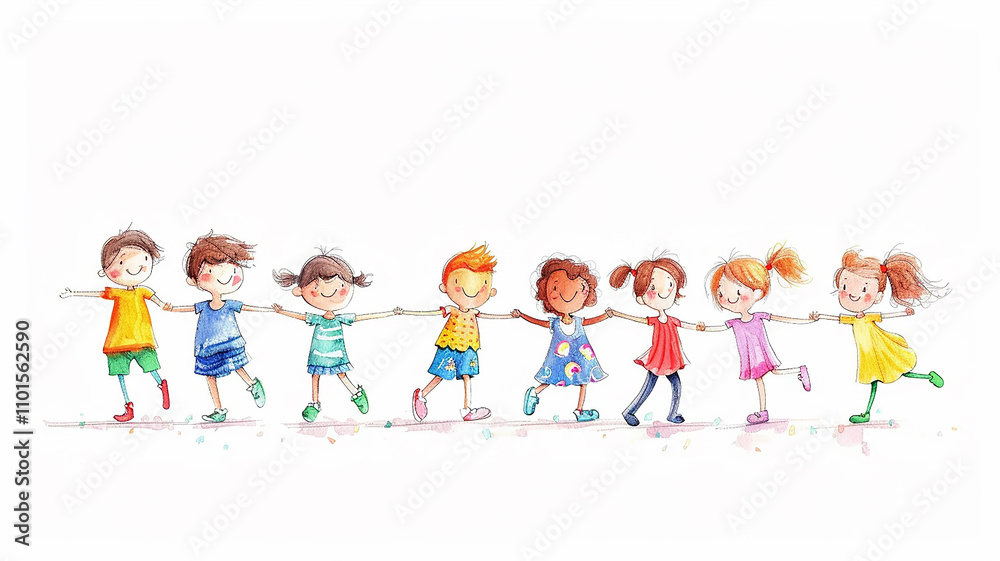 illustration, multicolored figures of children holding hands on a white background, round dance children's group dance illustration, multicolored figures of children holding hands on a white background, round dance children's group dance