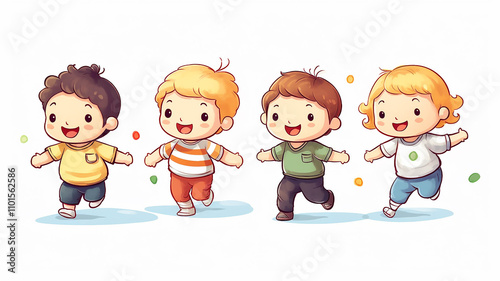 illustration, multicolored figures of children holding hands on a white background, round dance children's group dance