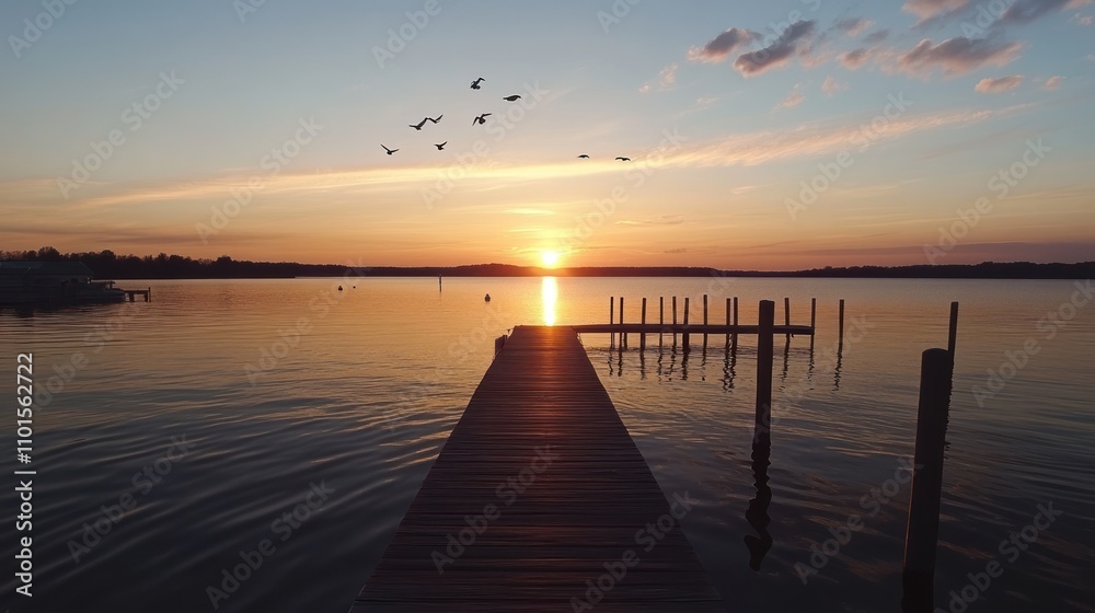 Obraz premium Serene Sunset Over Calm Lake With Wooden Dock And Birds