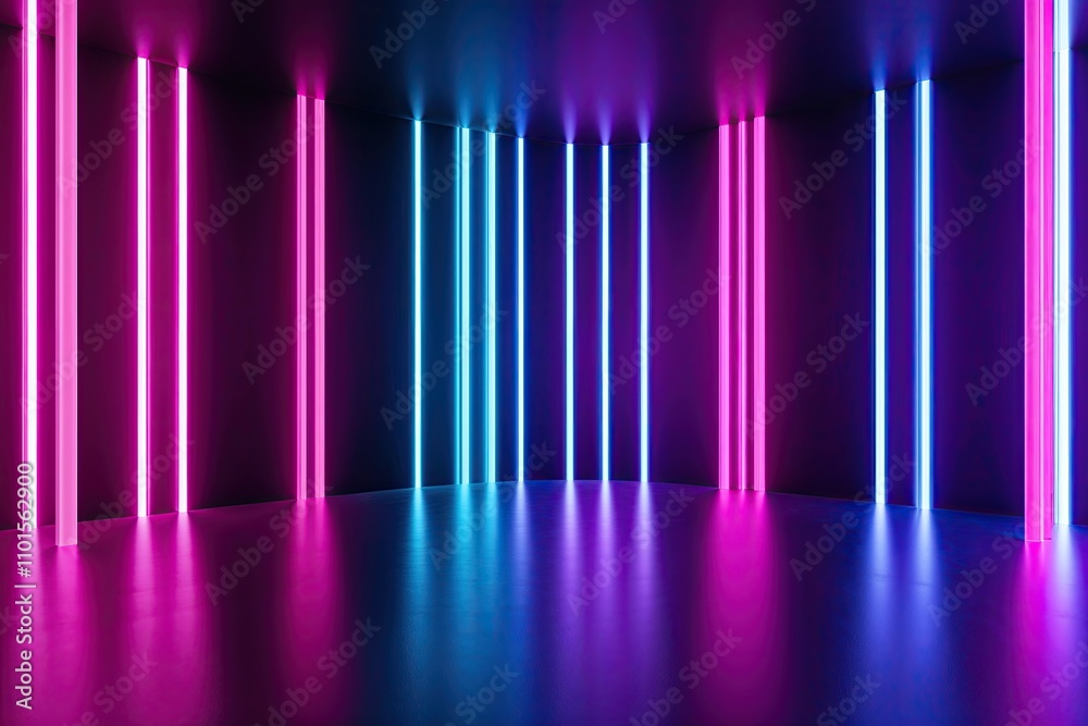 Vibrant 3D Neon Abstract Design with Pink and Blue Vertical Stripes in Dark Background